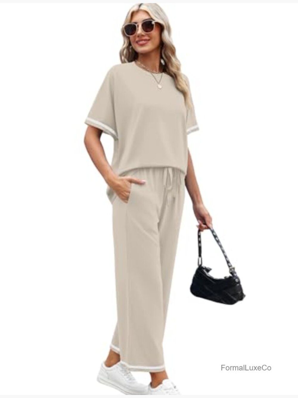Women's 2 Piece Lounge Set Short Sleeve Wide Leg Pants Travel Outfit - Picture 3 of 7